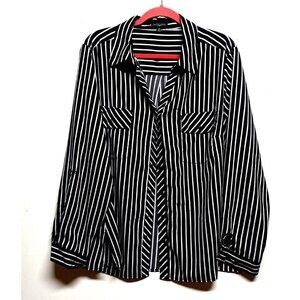 Notations striped shirt womens plus Sz 3x top black white STRETCH roll tab sleev